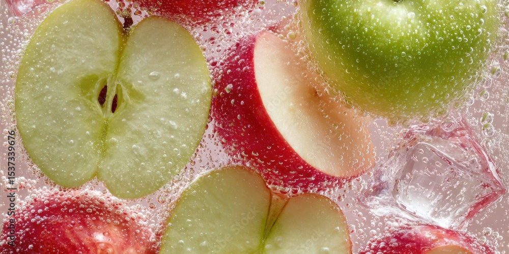 Aufkleber slices of red and green apples floating in sparkling water, representing healthy eating and refreshm