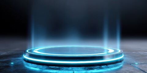 Glowing Blue Platform With Light Beams, Ideal for Product Display and Technology Innovation