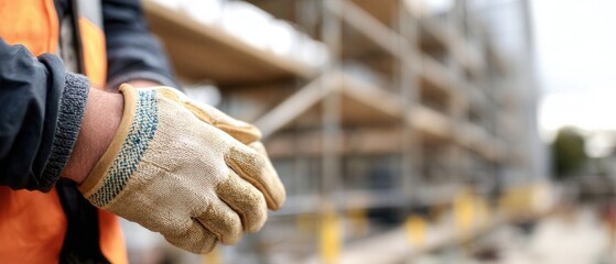 Fototapeta premium Construction worker wearing safety gloves on construction site with scaffolding Concept of safety, building, teamwork, and industrial