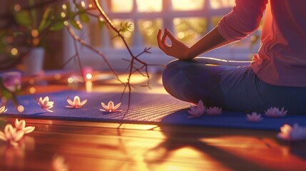 Woman meditating in lotus pose, surrounded by nature's gentle glow.  Sunrise through window, peaceful ambiance