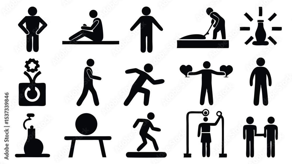 Poster various simple black stick figure icons representing different actions and concepts