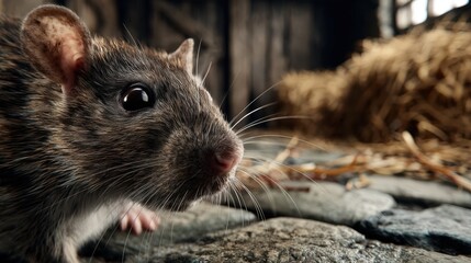 Close Up of Brown Rat With Whiskers in Rustic Setting, Representing Wildlife and Rodent Control