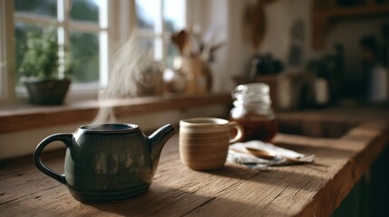 Rustic Kitchen Still Life with Steaming Tea, Representing Comfort, Warmth, and Simple Pleasures
