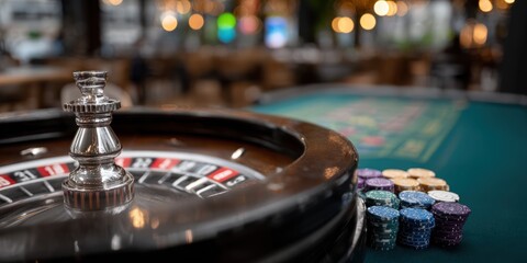 Close-Up of Roulette Wheel and Chips at Casino, Representing Risk, Chance, and Entertainment