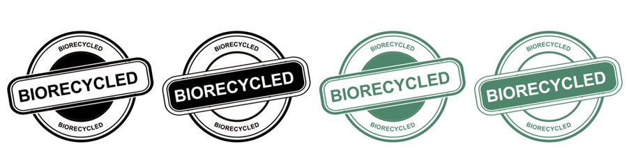 Biorecycled stamp badge collection set. Black and green circular eco friendly certification labels with sustainable packaging symbols. Environmental quality assurance seals for products. Vector