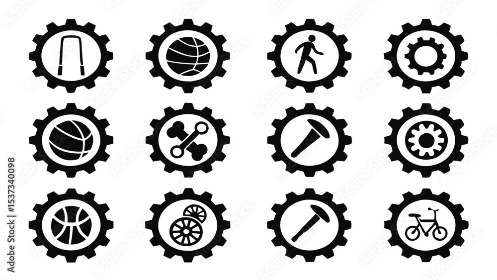 Poster vector illustration of gears with various icons representing activities and objects