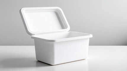 Open White Plastic Food Container on White Table, Showcasing Packaging Design and Product Presentation