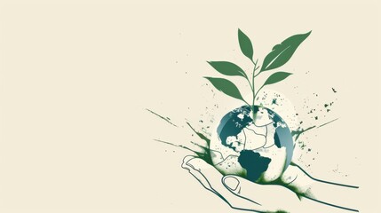 A conceptual visualization of hands nurturing a green plant emerging from a cracked globe, set against a backdrop of plain white, symbolizing environmental restoration and sustainable practices