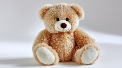 Obraz premium Cute Teddy Bear Sitting on White Background, Representing Childhood Comfort and Playtime Fun