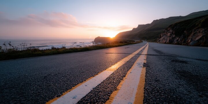Highway Road Trip Along the Pacific Coast at Sunset, Representing Travel and Adventure