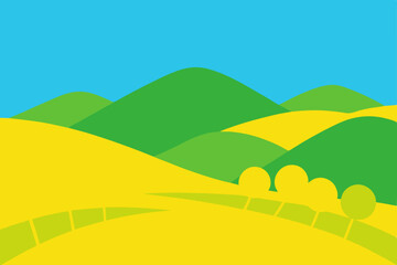 Fototapeta premium Serene Summer Landscape Rolling Hills and Golden Fields Illustration