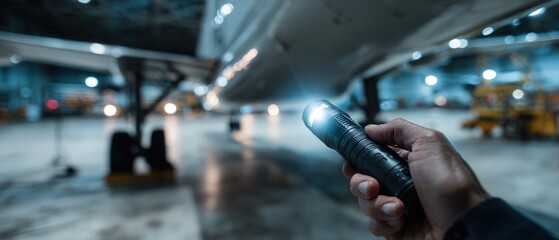 Man holding flashlight inspecting airplane in hangar at night Concept of aircraft maintenance, safety check, and aviation industry