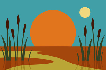 Serene Sunset over Calm Water A Minimalist Marsh Landscape Illustration
