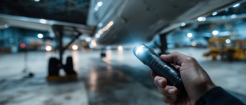 Man holding flashlight inspecting airplane in hangar at night Concept of aircraft maintenance, safety check, and aviation industry