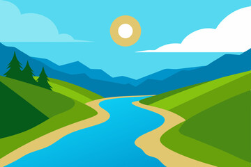 Obraz premium Serene River Valley Landscape A Picturesque Summer Scene