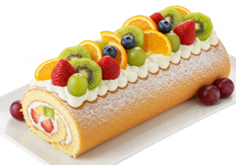 A delightful fruittopped swiss roll, isolated on transparent background, features vibrant oranges, kiwi, strawberries, and blueberries