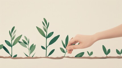 A conceptual visualization of hands planting green seeds in a fertile soil, against a backdrop of pure white, symbolizing sustainable agriculture and ecological balance