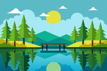 Fototapeta premium Serene Lakeside Vista A Tranquil Reflection of Nature's Beauty