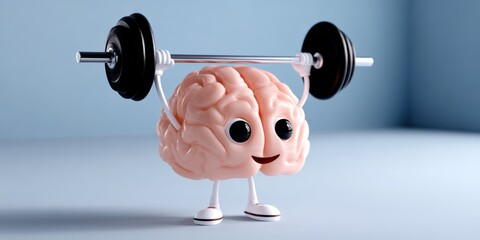Cartoon Brain Lifting Weights, Representing Mental Strength, Training, and Cognitive Fitness