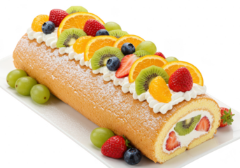 A delightful fruit swiss roll, isolated on transparent background, adorned with vibrant orange slices, kiwi, strawberries, and blueberries