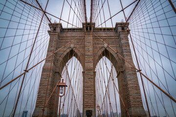 Brooklyn Bridge, the cable-stayed suspension bridge opened in 1883 in New York City spanning the...