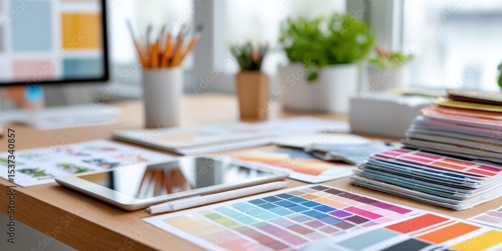 Poster creative workspace with tablet and color swatches, illustrating design process and productivity