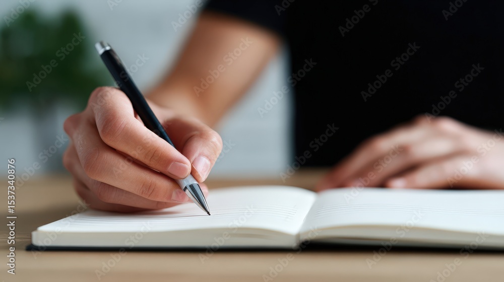Aufkleber hand writing in notebook with pen on desk, representing productivity and creative writing