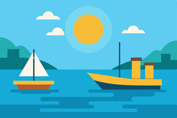 Sunny Seascape A Charming Illustration of Boats and Calm Waters