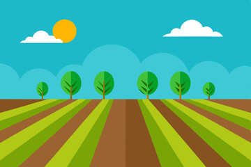 Vibrant Farmland Landscape Rows of Crops Under Sunny Skies