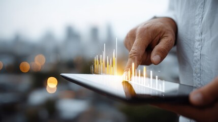 Man Using Tablet with Financial Chart Overlay, Illustrating Digital Transformation and Data Analysis