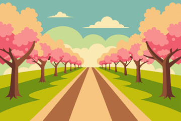 Serene Spring Cherry Blossom Lane, Peaceful Road, Blossoming Trees, Scenic Drive