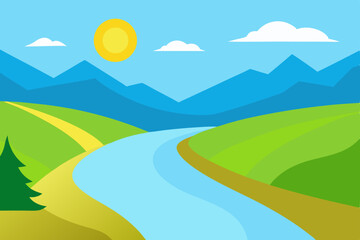 Serene River Landscape Winding River Through Lush Green Hills and Mountains under Sunny Sky