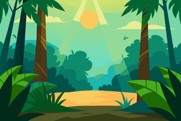Lush Tropical Paradise Sun Drenched Jungle Path Illustration
