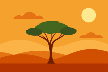 African Savannah Sunset A Minimalist Landscape Illustration of a Lone Tree in the Desert