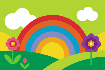 Vibrant Rainbow over Rolling Hills and Flowers A Colorful Illustration