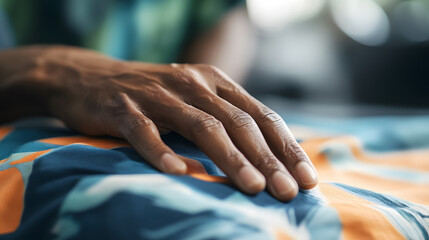 Obraz premium A dark hand rests gently on colorful fabric fingers slightly curled in a relaxed pose conveying peace and stillness.