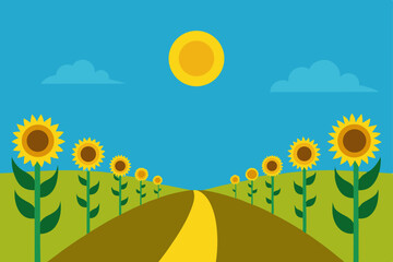 Sunny Sunflower Field Road A Vibrant Summer Landscape Illustration