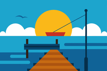 Serene Sunset A Peaceful Fishing Dock Scene Illustration