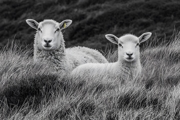 Two sheep one with an ear tag resting in tall grass captured in black and white serene and still.