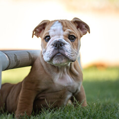 Bulldog puppy coming out from under a bed