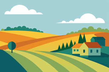 Serene Countryside Landscape Rolling Hills, Farmhouses, and Golden Fields