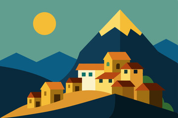 Mountain Village Sunset A Flat Design Landscape Illustration