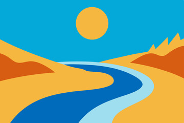 Serene River Landscape A Vibrant Summer Scene of Blue Water Winding Through Golden Sands under a Sunny Sky