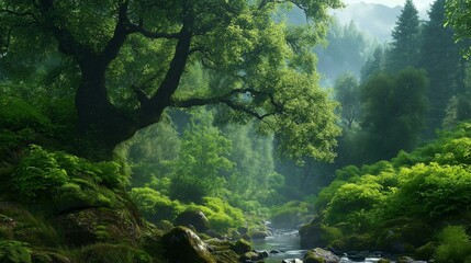 Beautiful landscape of a lush green forest with a river flowing through it. the river is surrounded by rocks and boulders, and the water is crystal clear.