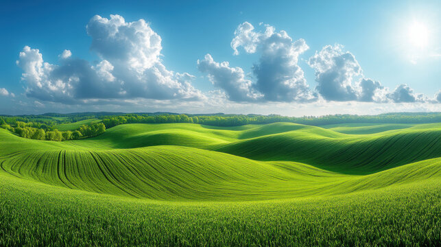 Emerald hills roll under a vibrant sky, dotted with fluffy white clouds
