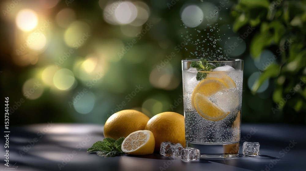 Poster refreshing lemonade with bubbles and mint sprigs, representing summer refreshment and hydration