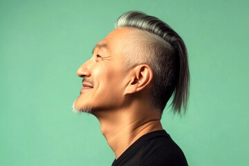 Classy men's buzz cut haircut - midlife asian man with long hair. Visual idea of style for aging men. A trendy and poised male showing charm. Green solid background.