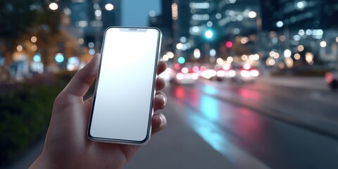 Hand Holding Blank Smartphone at Night in City, Representing Mobile Technology and Connectivity