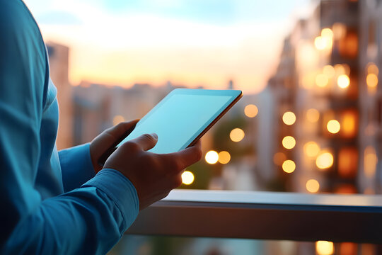 A man uses a tablet against a city sunset backdrop modern device glowing. - Powered by Adobe