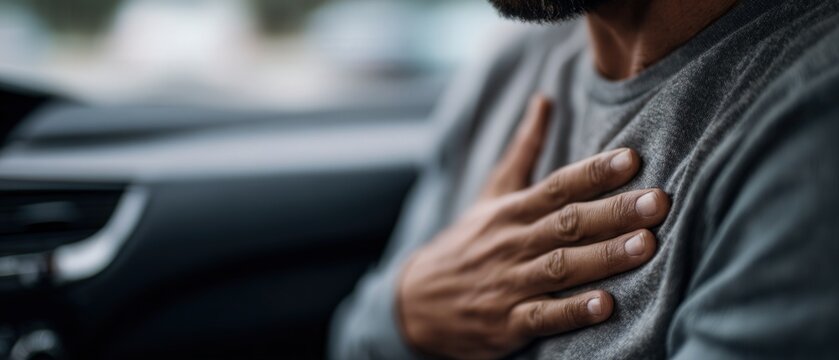 Anxious adult man experiencing chest pain while driving, clutching his chest in distress Concept of heart attack, panic attack, and health problem